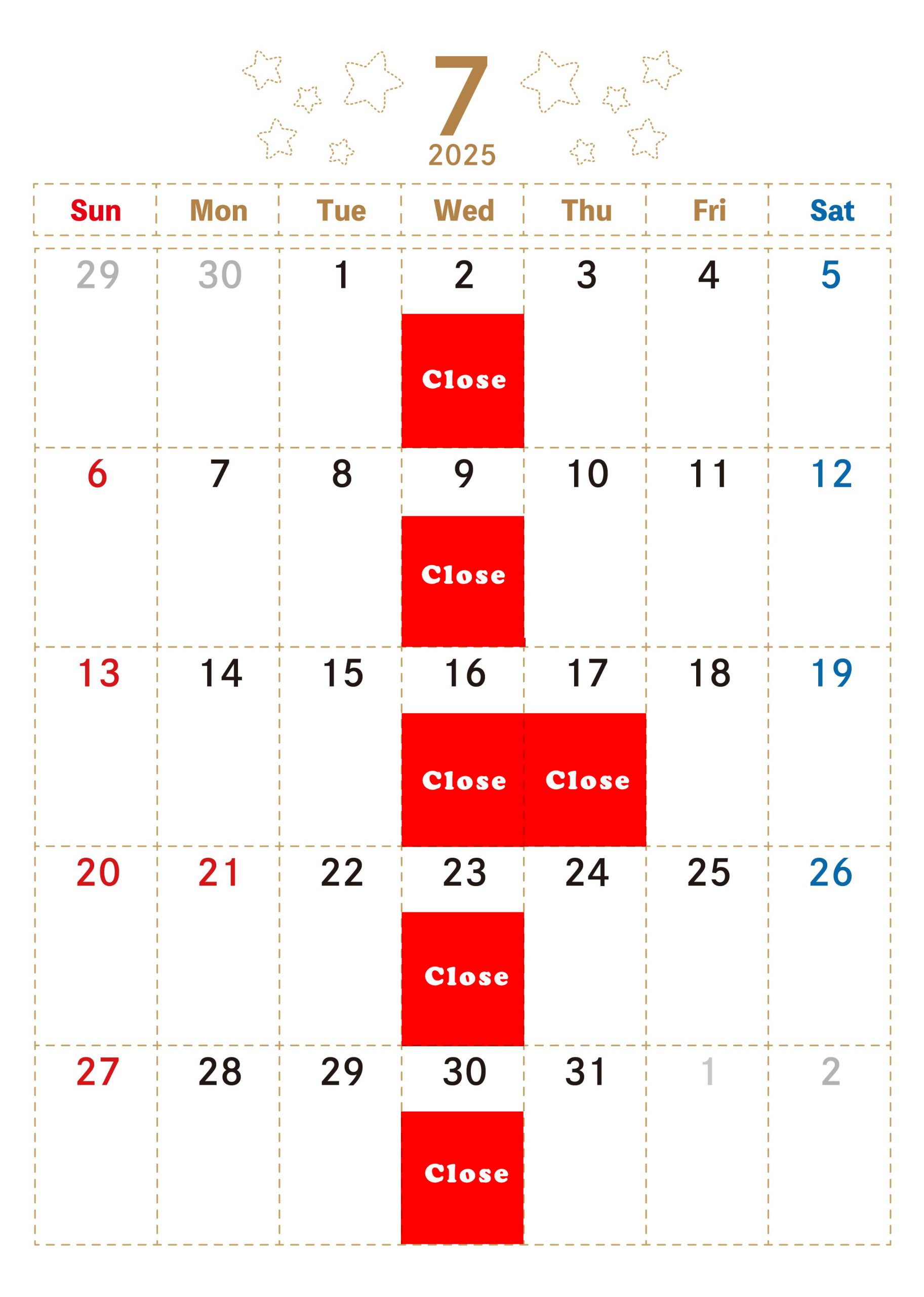 7月のお休みです