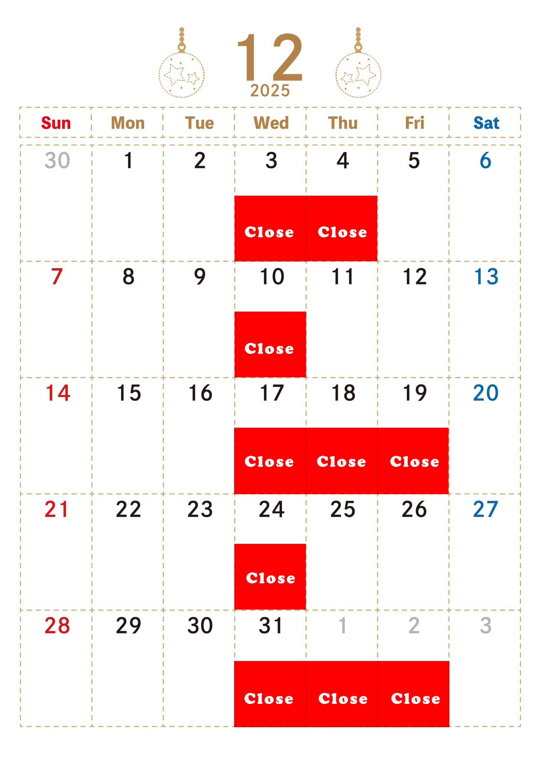 12月のお休みです